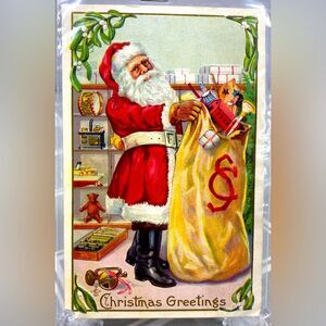 Christmas Greetings Santa Claus Workshop Sack of Toys Presents Vintage Postcard